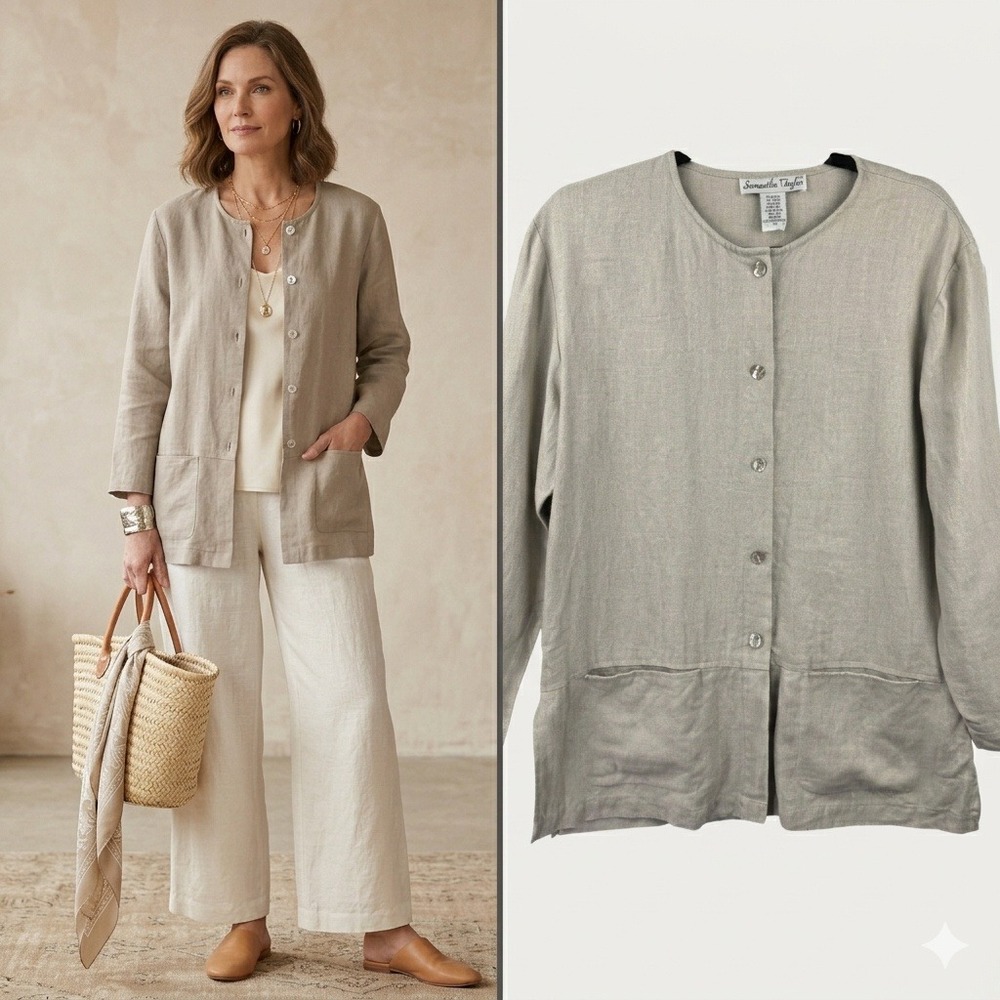 Samantha Taylor‎ Linen Jacket Womens 8P Tan Collarless Button Front Coastal